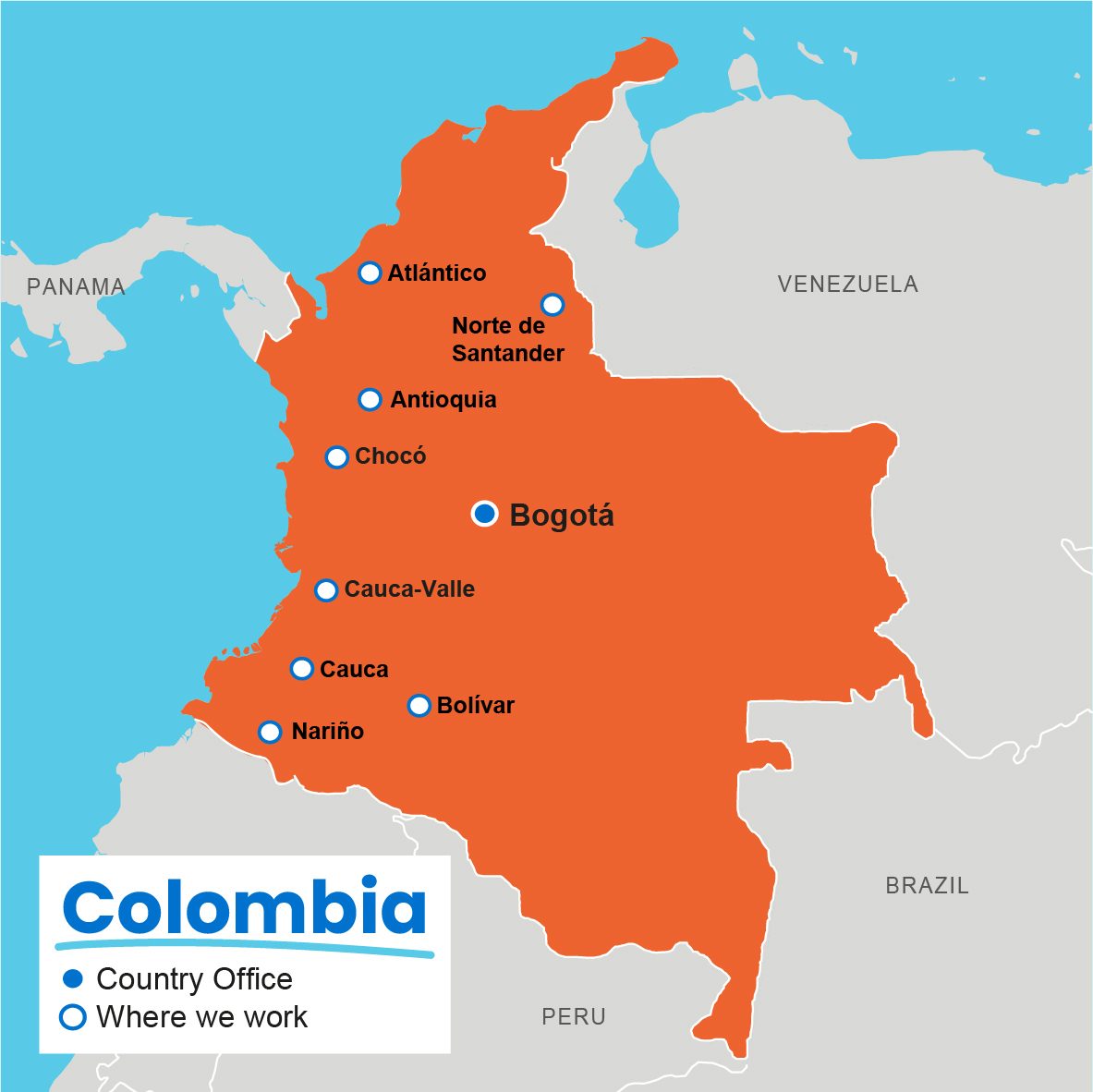 Map showing where Plan International works in Colombia