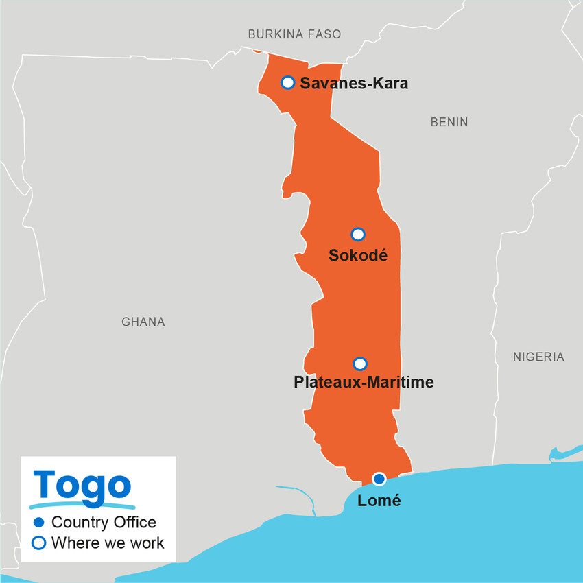 A map showing where Plan International works in Togo.